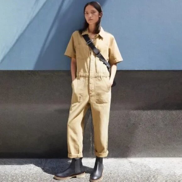🌼Everlane Supersoft Denim Jean Coverall Jumpsuit Spring Fennel Tan Green 10🌼 - Picture 1 of 5